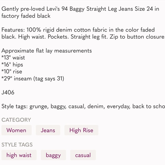 Levi's 94 Baggy Straight Leg Jeans Size 24 - Picture 9 of 9